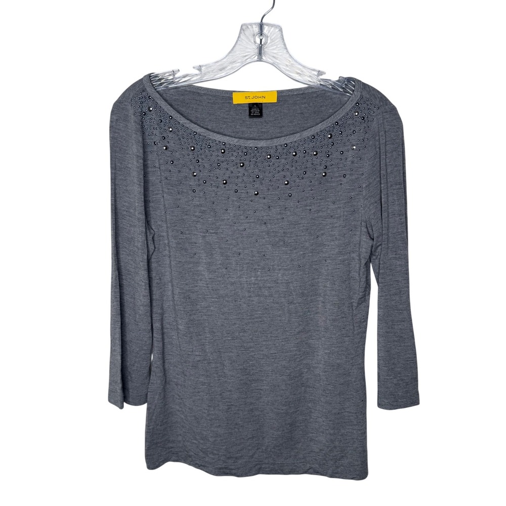 St John Womens‎ Gray Embellished Scoop Neck 3/4 Sleeve Top Size S Cashmere Blend